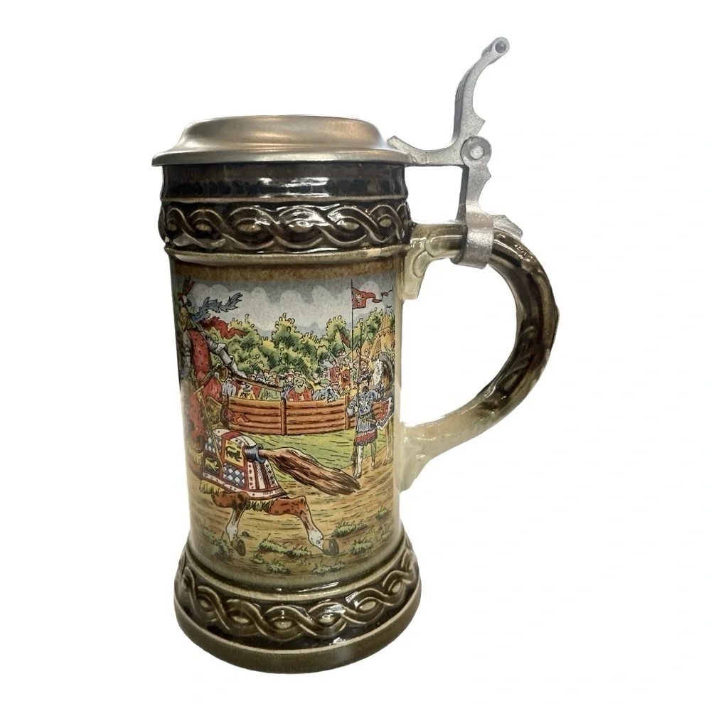 Vintage Staffel W Germany English Jousters Pewter Lid Beer Stein 7”